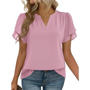 Zeagoo Womens Dressy Casual Shirts Short Sleeve V Neck Work Blouse Business Casual Summer Chiffon Tops(Light Pink)