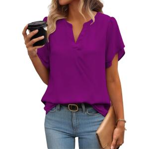 Zeagoo Womens Dressy Casual Shirts Short Sleeve V Neck Work Blouse Business Casual Summer Chiffon Tops(Purple)