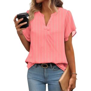Zeagoo Womens Dressy Casual Shirts Short Sleeve V Neck Work Blouse Business Casual Summer Chiffon Tops(Stripe)