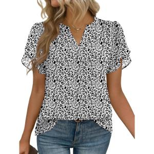 Zeagoo Womens Dressy Casual Shirts Short Sleeve V Neck Work Blouse Business Casual Summer Chiffon Tops(White Cheetah)