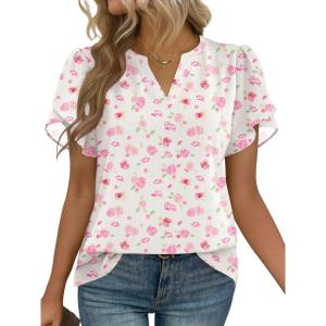 Zeagoo Womens Dressy Casual Shirts Short Sleeve V Neck Work Blouse Business Casual Summer Chiffon Tops(White Floral)