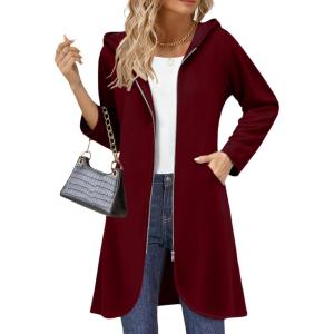 Zeagoo Women’s Fall Jacket 2025 Zip Up Hoodies Long Sleeve Long Tunic Sweatshirts Oversized Fleece Casual Coat with Pocket(A_fleece Fabric_wine Red)