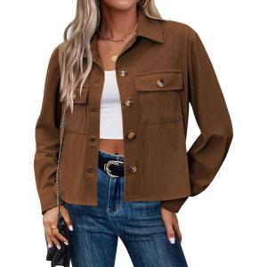 Zeagoo Womens Fashion Cropped Corduroy Shackets Button Down Jackets Tops Fall Trendy Lightweight Long Sleeve Shirts(Brown)
