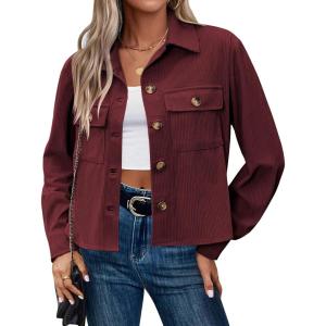 Zeagoo Womens Fashion Cropped Corduroy Shackets Button Down Jackets Tops Fall Trendy Lightweight Long Sleeve Shirts(Burgundy)