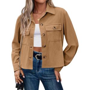 Zeagoo Womens Fashion Cropped Corduroy Shackets Button Down Jackets Tops Fall Trendy Lightweight Long Sleeve Shirts(Camel)