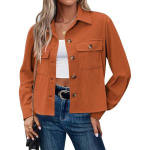 Zeagoo Womens Fashion Cropped Corduroy Shackets Button Down Jackets Tops Fall Trendy Lightweight Long Sleeve Shirts(Caramel)