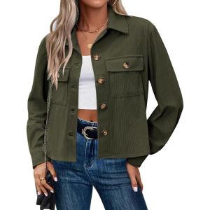 Zeagoo Womens Fashion Cropped Corduroy Shackets Button Down Jackets Tops Fall Trendy Lightweight Long Sleeve Shirts(Dark Green)