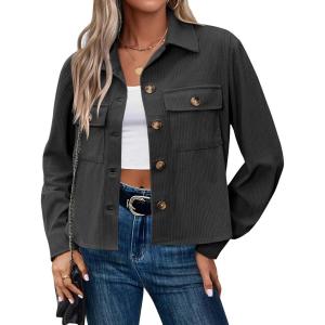 Zeagoo Womens Fashion Cropped Corduroy Shackets Button Down Jackets Tops Fall Trendy Lightweight Long Sleeve Shirts(Dark Grey)