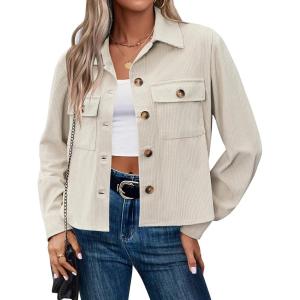 Zeagoo Womens Fashion Cropped Corduroy Shackets Button Down Jackets Tops Fall Trendy Lightweight Long Sleeve Shirts(Light Apricot)