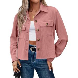 Zeagoo Womens Fashion Cropped Corduroy Shackets Button Down Jackets Tops Fall Trendy Lightweight Long Sleeve Shirts(Pink)