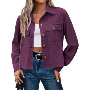 Zeagoo Womens Fashion Cropped Corduroy Shackets Button Down Jackets Tops Fall Trendy Lightweight Long Sleeve Shirts(Purple)