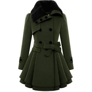 Zeagoo Women’s Fashion Faux Fur Lapel Double-Breasted Thick Wool Trench Coat Winter Warm Jacket S-2XL(New_army Green)