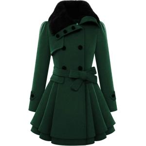 Zeagoo Women’s Fashion Faux Fur Lapel Double-Breasted Thick Wool Trench Coat Winter Warm Jacket S-2XL(New_dark Green)