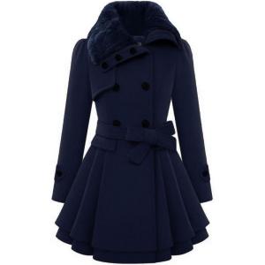 Zeagoo Women’s Fashion Faux Fur Lapel Double-Breasted Thick Wool Trench Coat Winter Warm Jacket S-2XL(New_navy Blue)