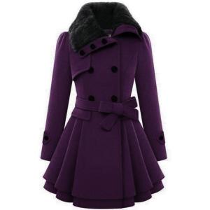 Zeagoo Women’s Fashion Faux Fur Lapel Double-Breasted Thick Wool Trench Coat Winter Warm Jacket S-2XL(New_purple)