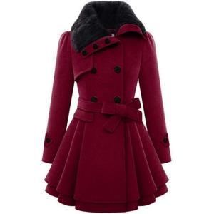 Zeagoo Women’s Fashion Faux Fur Lapel Double-Breasted Thick Wool Trench Coat Winter Warm Jacket S-2XL(New_wine Red)