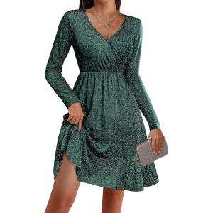 Zeagoo Womens Glitter Dress Wrap V Neck Long Sleeve Swing Club Cocktail Party Dresses Sequin Sparkle Dress Christmas Dress(Green)