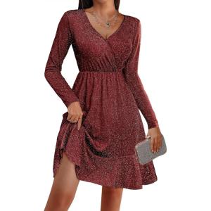 Zeagoo Womens Glitter Dress Wrap V Neck Long Sleeve Swing Club Cocktail Party Dresses Sequin Sparkle Dress Christmas Dress(Wine Red)