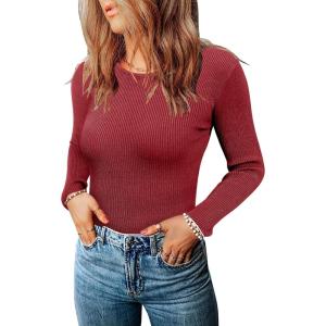 Zeagoo Women’s Long Sleeve Ribbed Shirt 2025 Fall Knit Sweater Basic Slim Fit Tops Crewneck Cute Outfits(Wine Red)
