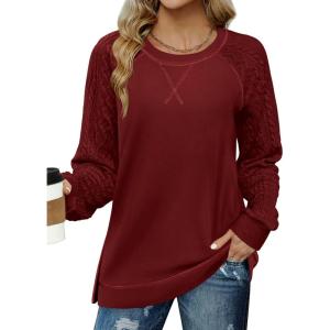 Zeagoo Womens Long Sleeve Shirts Lightweight Cable Knit Sleeve Shirts Trendy Fall Tunic Tops(Burgundy)