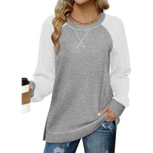 Zeagoo Womens Long Sleeve Shirts Lightweight Cable Knit Sleeve Shirts Trendy Fall Tunic Tops(Grey+white)