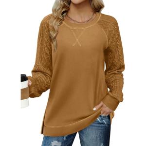 Zeagoo Womens Long Sleeve Shirts Lightweight Cable Knit Sleeve Shirts Trendy Fall Tunic Tops(Light Brown)
