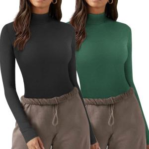 Zeagoo Womens Long Sleeve Shirts Mock Neck Turtleneck Slim Fitted Basic Crop Tops 2024 Fashion Casual T-Shirts(Black+army Green)