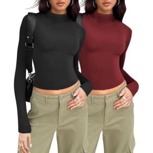 Zeagoo Womens Long Sleeve Shirts Mock Neck Turtleneck Slim Fitted Basic Crop Tops 2024 Fashion Casual T-Shirts(Black+burgundy)