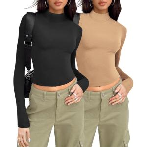Zeagoo Womens Long Sleeve Shirts Mock Neck Turtleneck Slim Fitted Basic Crop Tops 2024 Fashion Casual T-Shirts(Black+camel)