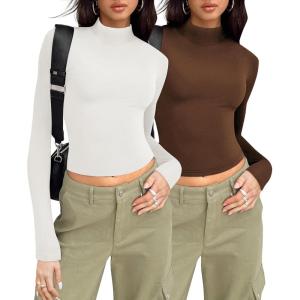 Zeagoo Womens Long Sleeve Shirts Mock Neck Turtleneck Slim Fitted Basic Crop Tops 2024 Fashion Casual T-Shirts(White+brown)