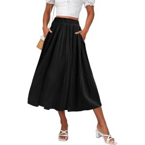 Zeagoo Women’s Midi Skirts High Waisted Pleated A-Line Swing Skirts Summer Floral Long Skirts with Pockets(Black)