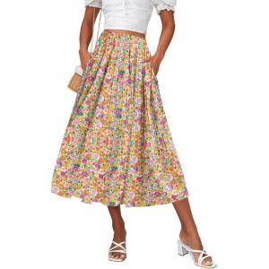 Zeagoo Women’s Midi Skirts High Waisted Pleated A-Line Swing Skirts Summer Floral Long Skirts with Pockets(Colorful Floral)