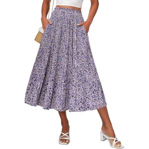 Zeagoo Women’s Midi Skirts High Waisted Pleated A-Line Swing Skirts Summer Floral Long Skirts with Pockets(Floral-purple)