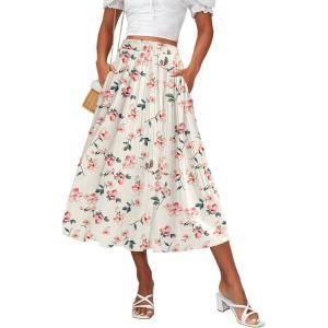 Zeagoo Women’s Midi Skirts High Waisted Pleated A-Line Swing Skirts Summer Floral Long Skirts with Pockets(Pink Floral Apricot Print)
