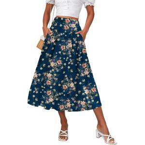 Zeagoo Women’s Midi Skirts High Waisted Pleated A-Line Swing Skirts Summer Floral Long Skirts with Pockets(Pink Floral Navy Print)