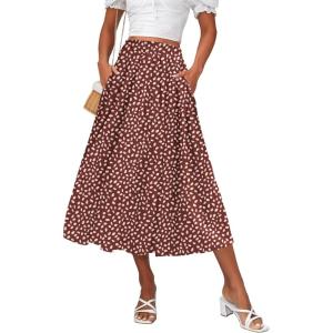 Zeagoo Women’s Midi Skirts High Waisted Pleated A-Line Swing Skirts Summer Floral Long Skirts with Pockets(Red Polka Dots)