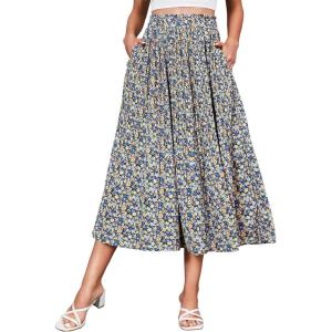 Zeagoo Women’s Midi Skirts High Waisted Pleated A-Line Swing Skirts Summer Floral Long Skirts with Pockets(Yellow Blue)