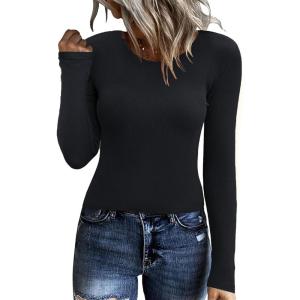 Zeagoo Womens Ribbed Fitted Crop Tops Long Sleeve T Shirts Basic Scoop Neck Casual Slim Fitted Y2k Clothes 2025(01 Black)