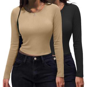 Zeagoo Womens Ribbed Fitted Crop Tops Long Sleeve T Shirts Basic Scoop Neck Casual Slim Fitted Y2k Clothes 2025(Black beige)