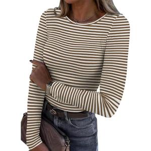 Zeagoo Womens Ribbed Fitted Crop Tops Long Sleeve T Shirts Basic Scoop Neck Casual Slim Fitted Y2k Clothes 2025(White Brown Stripe)