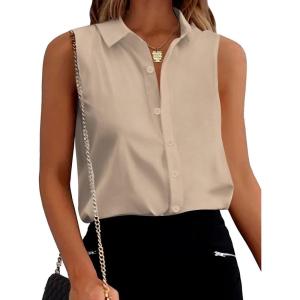 Zeagoo Women’s Sleeveless Button Down Shirts Blouses Solid Casual Basic V Neck Tank Tops for Work S-XXL(Beige)