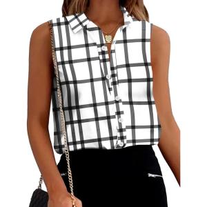 Zeagoo Women’s Sleeveless Button Down Shirts Blouses Solid Casual Basic V Neck Tank Tops for Work S-XXL(Black Plaid)
