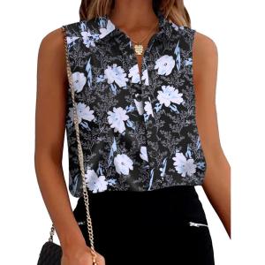 Zeagoo Women’s Sleeveless Button Down Shirts Blouses Solid Casual Basic V Neck Tank Tops for Work S-XXL(Blue Flower)