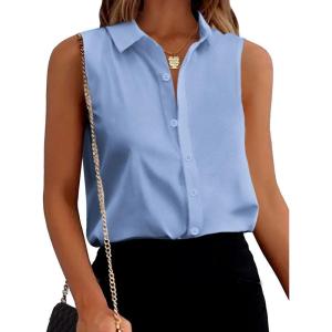 Zeagoo Women’s Sleeveless Button Down Shirts Blouses Solid Casual Basic V Neck Tank Tops for Work S-XXL(Light Blue)