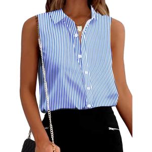 Zeagoo Women’s Sleeveless Button Down Shirts Blouses Solid Casual Basic V Neck Tank Tops for Work S-XXL(Light Blue Stripe)