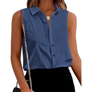 Zeagoo Women’s Sleeveless Button Down Shirts Blouses Solid Casual Basic V Neck Tank Tops for Work S-XXL(Navy)