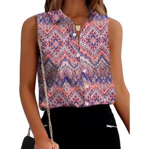 Zeagoo Women’s Sleeveless Button Down Shirts Blouses Solid Casual Basic V Neck Tank Tops for Work S-XXL(Orange Pattern)
