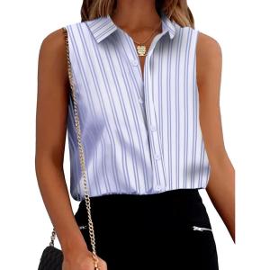 Zeagoo Women’s Sleeveless Button Down Shirts Blouses Solid Casual Basic V Neck Tank Tops for Work S-XXL(Stripe)