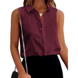 Zeagoo Women’s Sleeveless Button Down Shirts Blouses Solid Casual Basic V Neck Tank Tops for Work S-XXL(Wine Red)