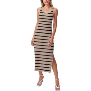 Zeagoo Women’s Spring Summer Casual Dress Bodycon Midi Sleeveless Striped Knit Maternity Tank Sweater Dresses with Side Slit(Beige and Black Striped)